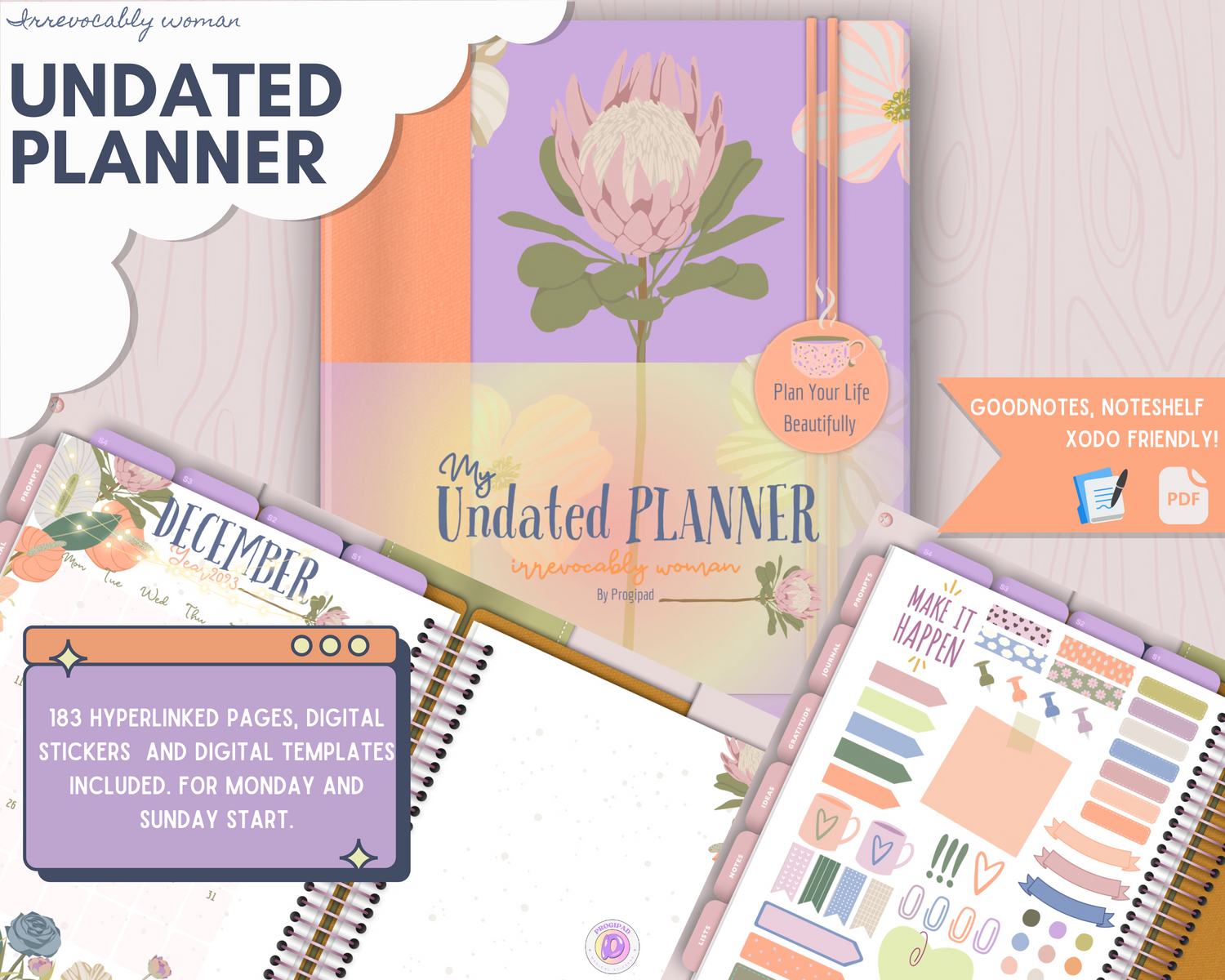 Undated digital planner, irrevocably woman.