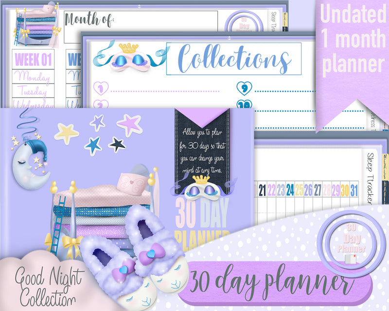 30-Day Planner for GoodNotes and Android, Undated  planner, "Goodnight Collection"