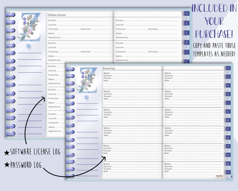 A to Z digital organiser for Goodnotes and Android, Collection "Blue romance".