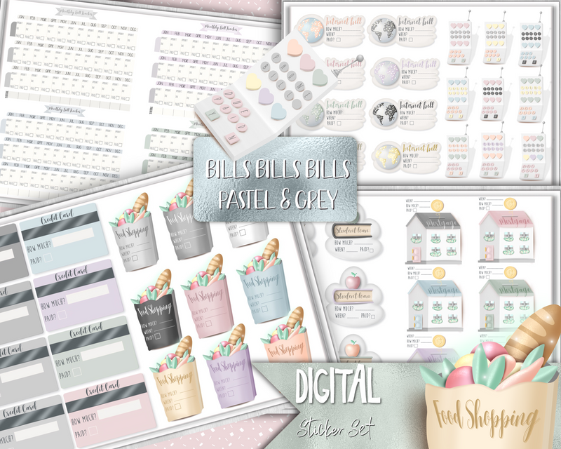 Digital Stickers for Android and Goodnotes, Bills Bills Bills Grey & Pastel Edition