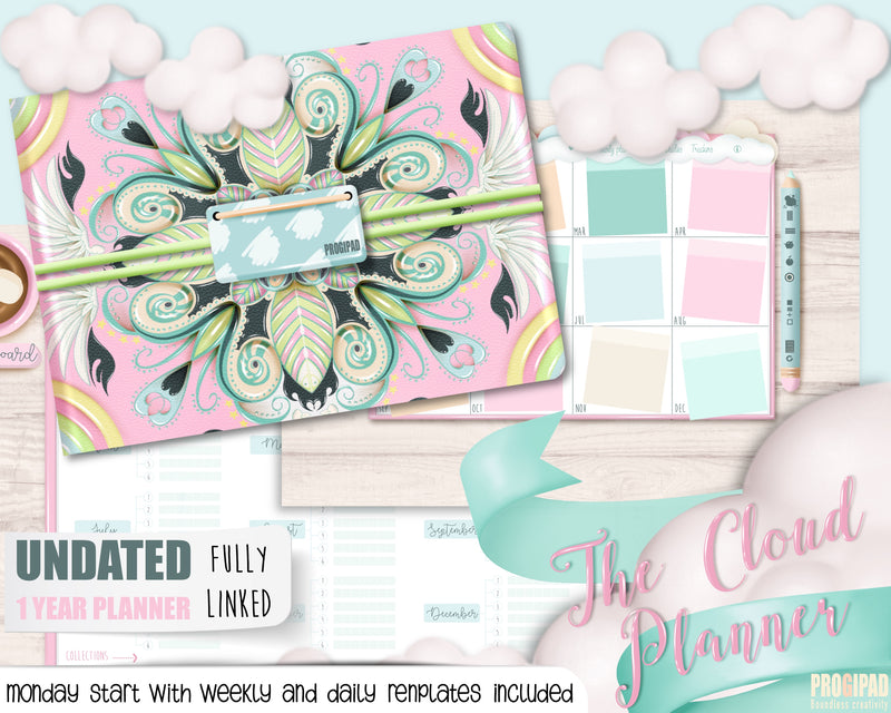 Mini Smart planner, 1 year, Undated and fully linked, Monday start. Cloud collection.