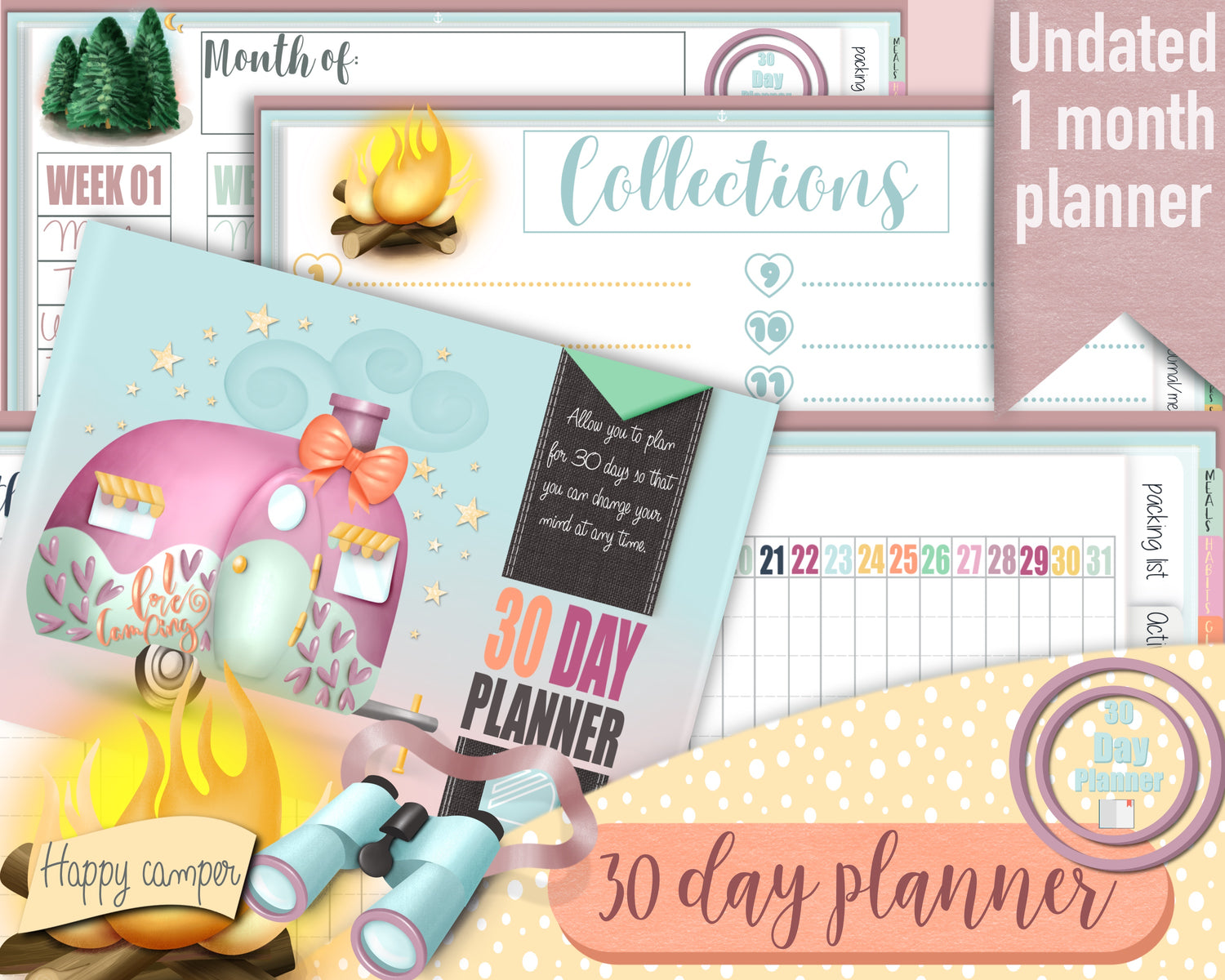 30-Day Planner for GoodNotes and Android, undated, "Happy Camper" collection