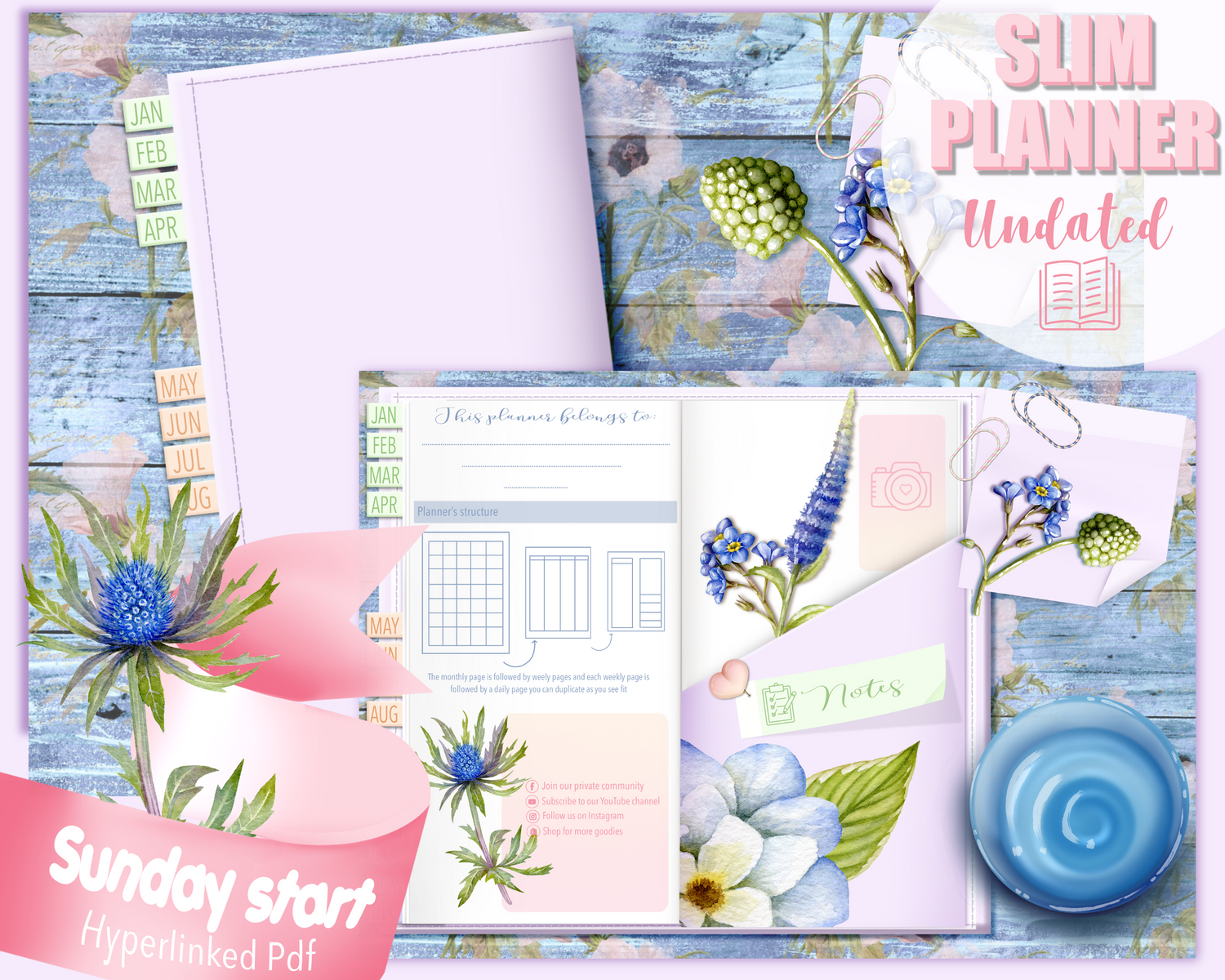 The slim planner-Lilac  collection (Sunday start)